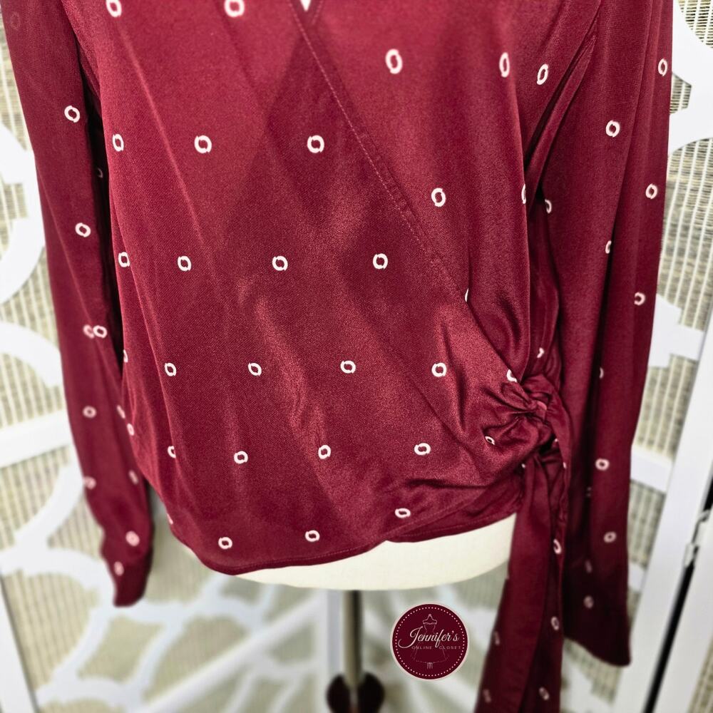 J. Crew Burgundy Maroon Wine Silk Long Sleeve Wrap Blouse Size Large - Picture 6 of 13
